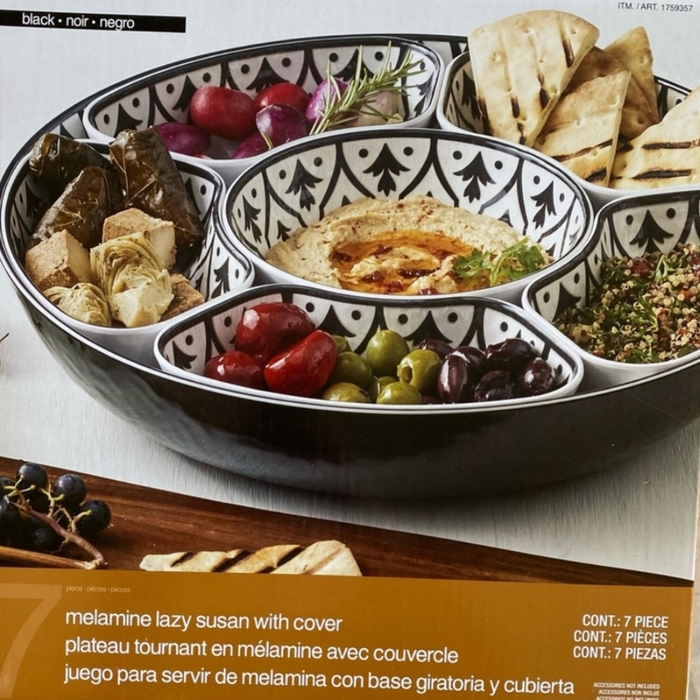 7 Piece Melamine Lazy Susan With Cover Divided Serving Dishes Black new